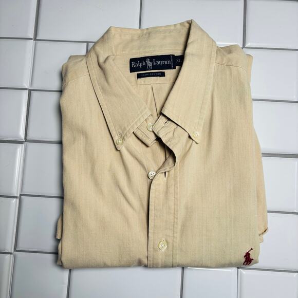 Ralph Lauren Shirt Mens XL Beige Short Sleeve Cotton Twill Logo Button Up 0303 - Picture 2 of 5